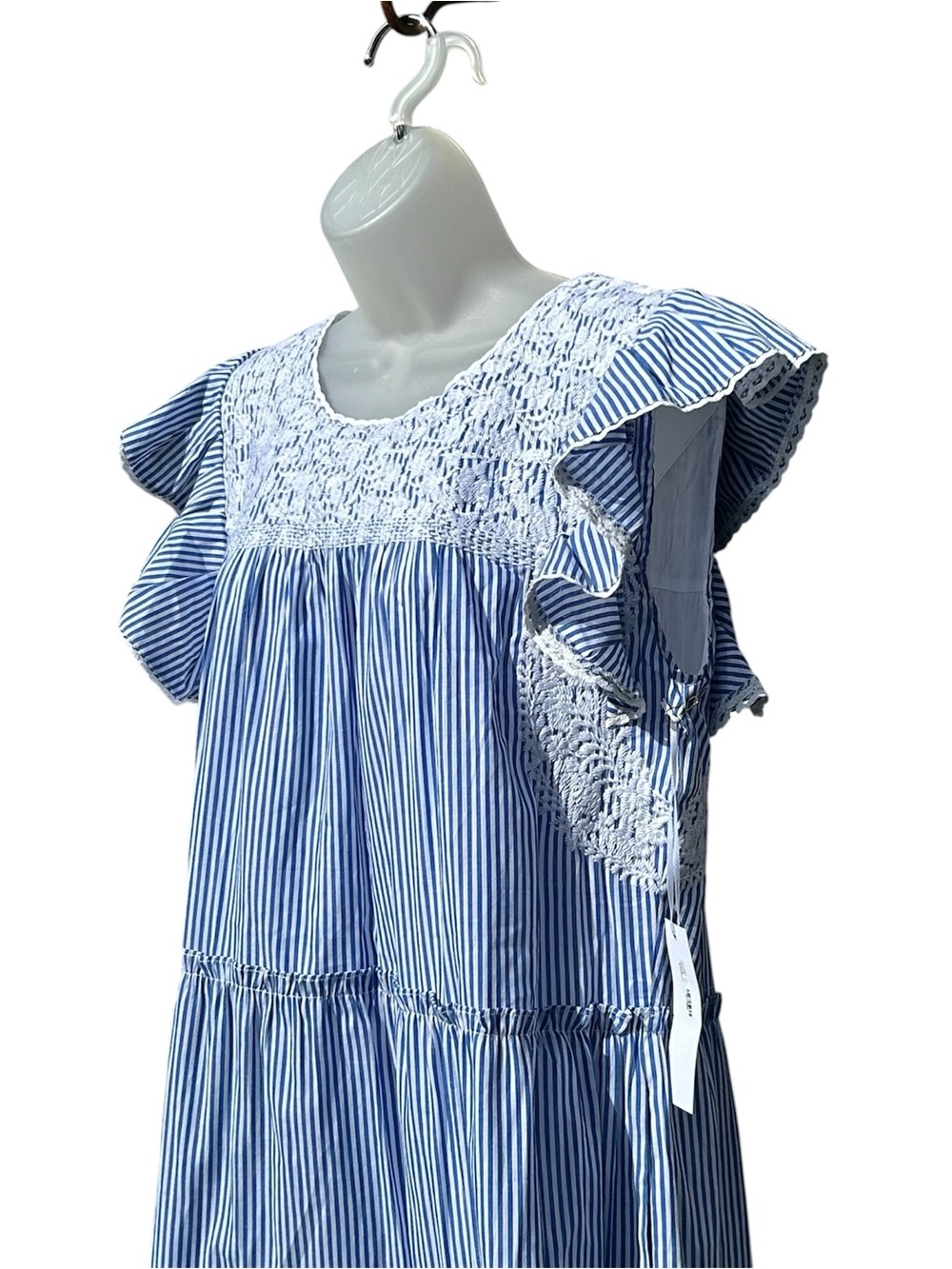 J MARIE Women L Julianna Blue White Stripe Embroidered Ruffles Tiered Midi Dress - Picture 3 of 9